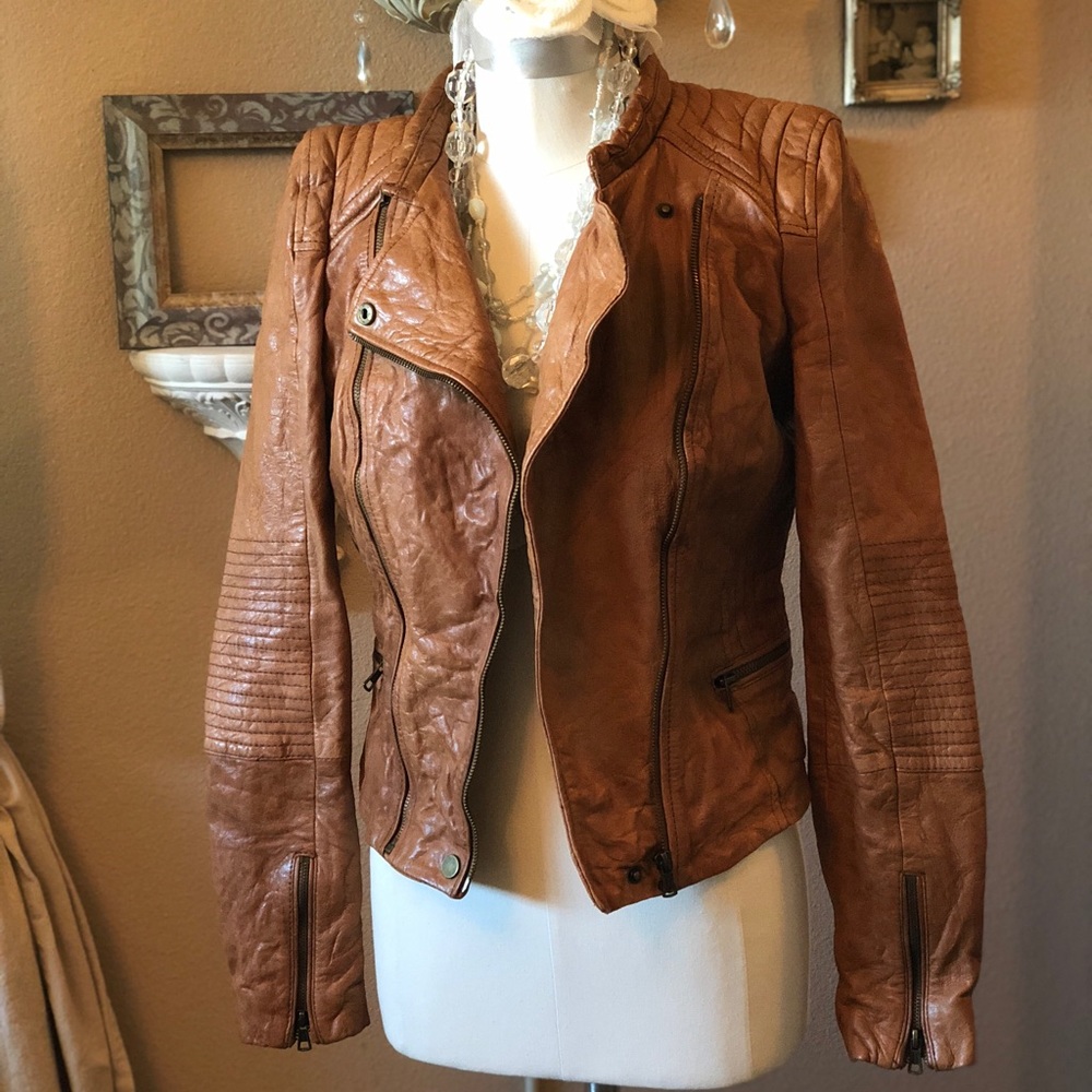 Zara tan leather biker jacket